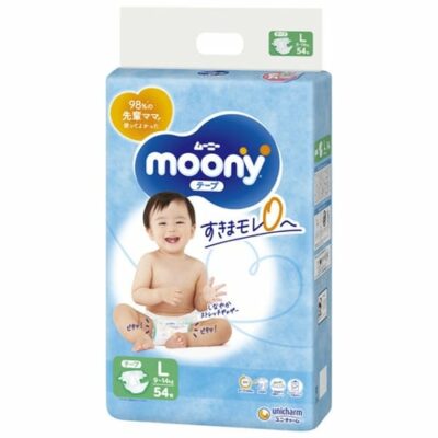 Moony Nappy Size L (9-14kg) 54 Pieces – Supple Stretch Gathers for Zero Leakage – Unicharm