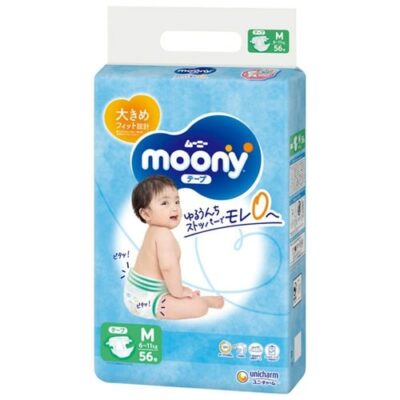 Moony Baby Nappy Size M (6-11kg) 56 Pieces – Supple Stretch Gathers for Zero Leakage – Unicharm