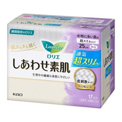 Kao Laurier Happy Skin, Ultra Slim, Sanitary Pads, 25cm, 17 Pieces, With Wings, Breathable, for Sensitive Skin