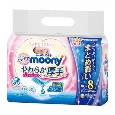 Unicharm Moony Soft Thick Baby Wipe Refill – 1 Pack (60 sheets x 8 Pks) – 99% Pure Water