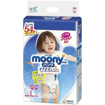 Unicharm Moony Nappy Pants Size L for 9-14kg Baby Girls, Jumbo Pack 54 Pieces, Ultra Soft & Leak-Proof