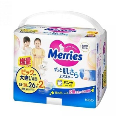 Merries Unisex Nappy Pants XXL for 15-28kg Babies – 28 Bonus Pack (26 Pcs + 2 Bonus Pcs), Latest Edition for Babies