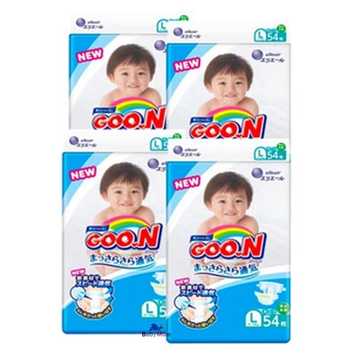 Daio GOO.N Unisex Nappy Size L for 9-14kg Babies 1 Carton(216 Pieces/54 Pieces x 4 Pks)