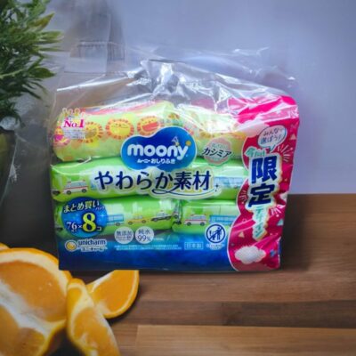 Unicharm Moony Soft Baby Wipes Refill – 1 Bag (76 sheets x 8 Pks) – 99% Pure Water