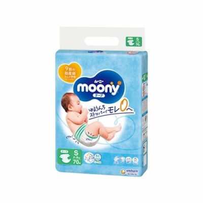 Moony Baby Nappies Tape Size S (4-8kgg) 70 Pieces – Stop Loose Stool Leaks with Stoppers – Unicharm