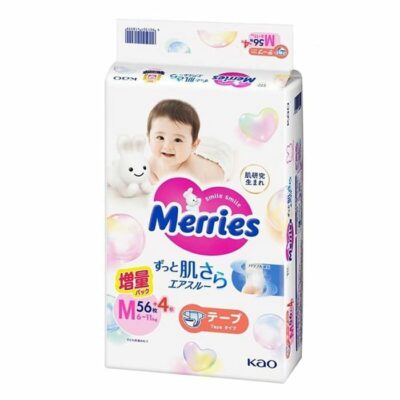 Merries Baby Nappies Bonus Pack – 60PK (56+4) | M Size 6-11kg | Latest Version 新版小增量