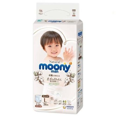 Natural Moony Organic Cotton Nappy Pants Size L (9-14kg) 36 Pieces, Hypoallergenic Baby Nappies