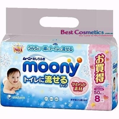 Unicharm Moony Flushable Baby Wipes 50 Sheets x 8PKs
